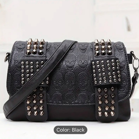 Handbags - 🔥NEW: Retro Gothic Studded Crossbody Bag, Punk Style Flap & Skull Embossed Decor